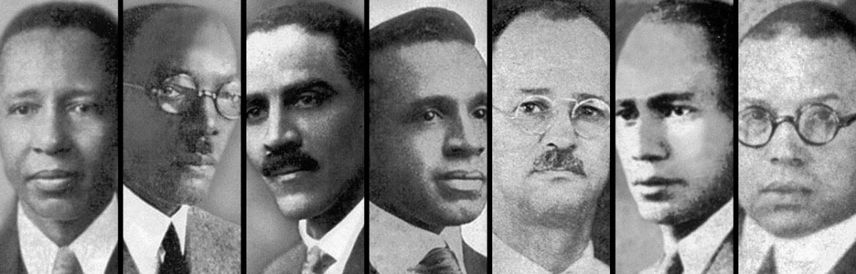 The founding members of Alpha Phi Alpha, known as the Seven Jewels. From left: Henry Arthur Callis, Charles Henry Chapman, Eugene Kinckle Jones, George Biddle Kelley, Nathaniel Allison Murray, Robert Harold Ogle and Vertner Woodson Tandy.